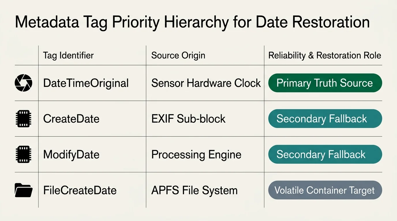Table titled Metadata Tag Priority Hierarchy for Date Restoration listing tags, source origins, and reliability roles.