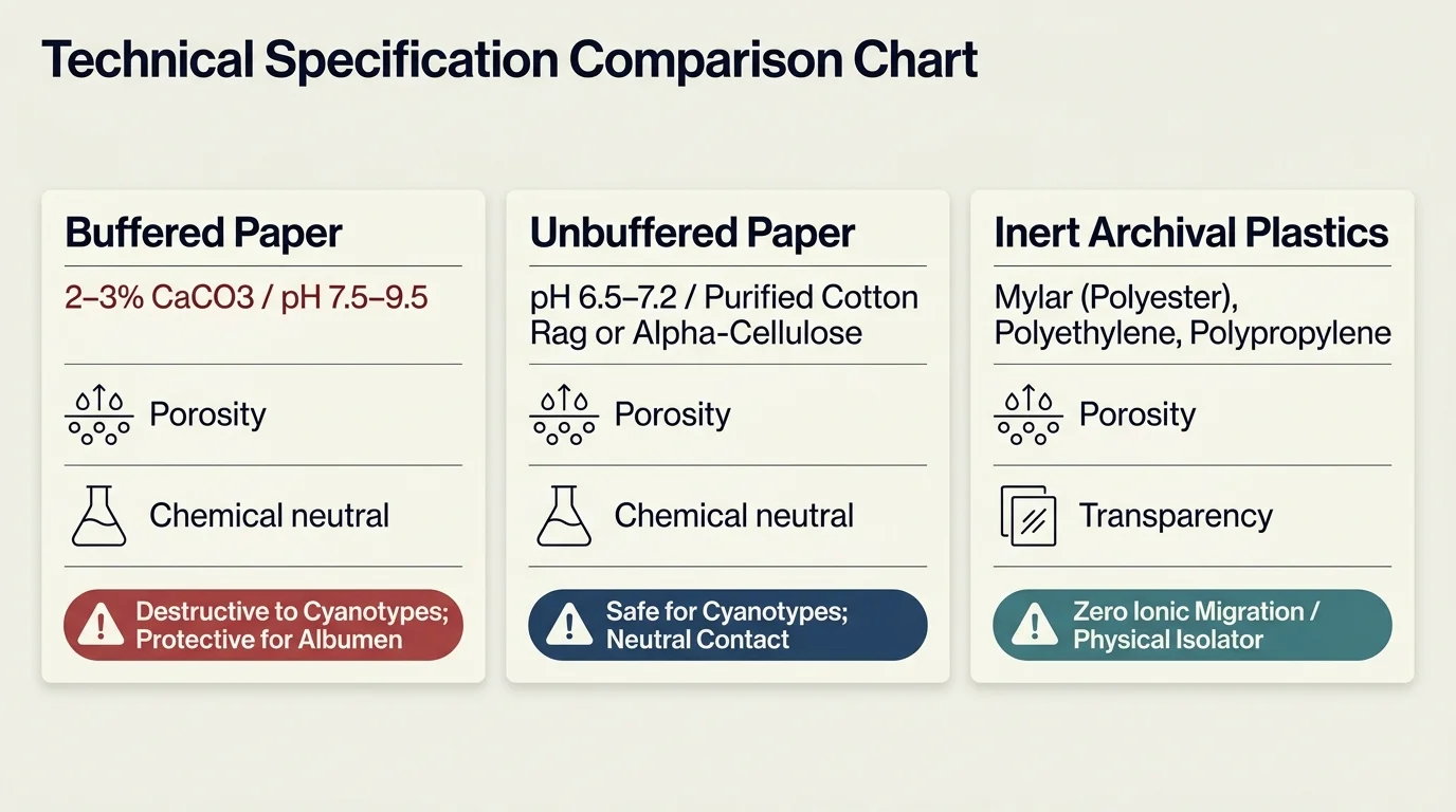 Technical specification comparison chart detailing buffered paper, unbuffered paper, and inert archival plastics.