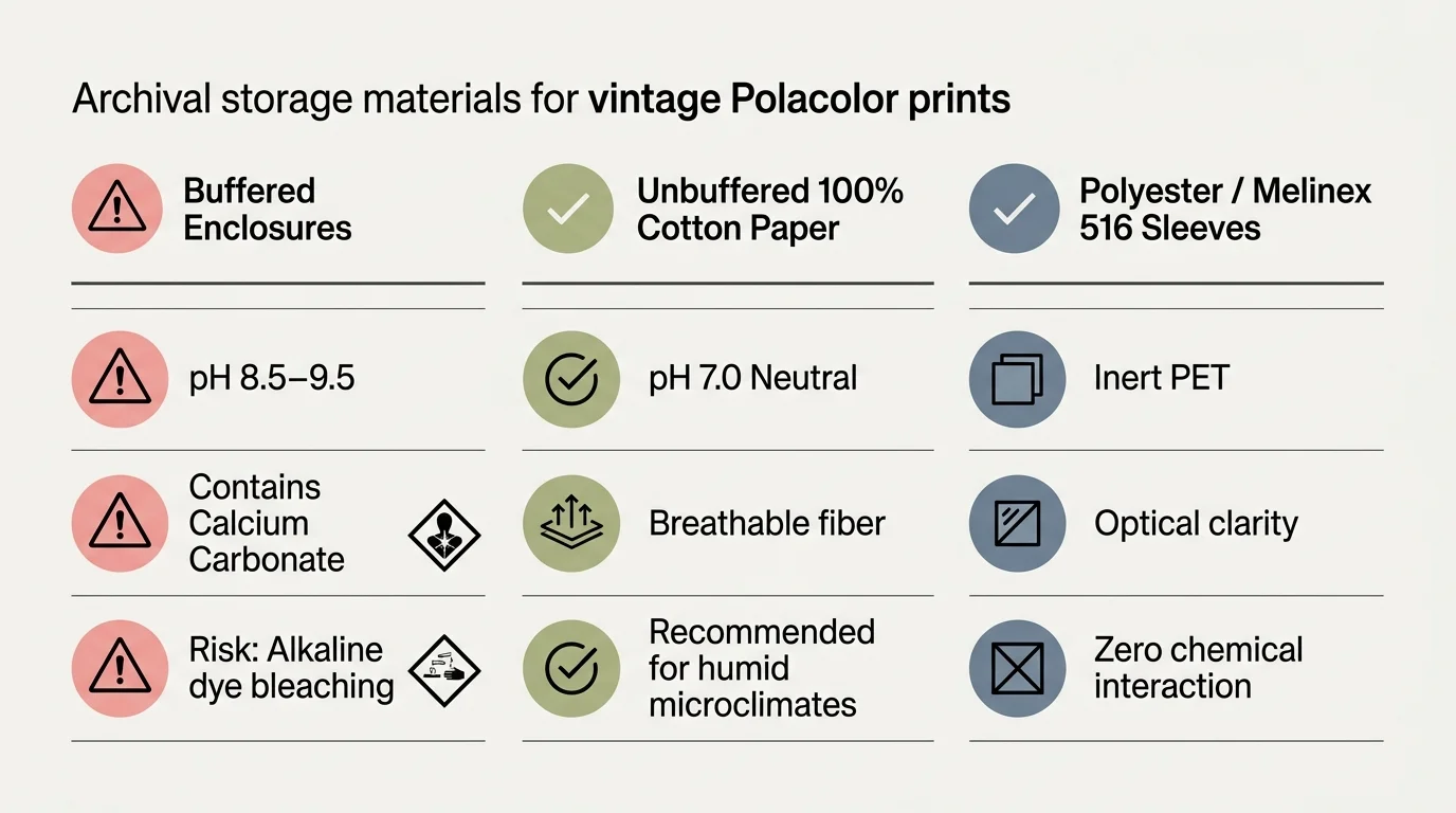 Infographic comparing buffered enclosures, unbuffered cotton paper, and polyester sleeves with icons and pH ratings.