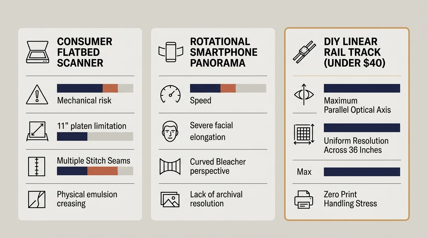 Comparison chart rating consumer flatbeds, rotational smartphone panoramas, and a DIY linear rail track across several metrics.