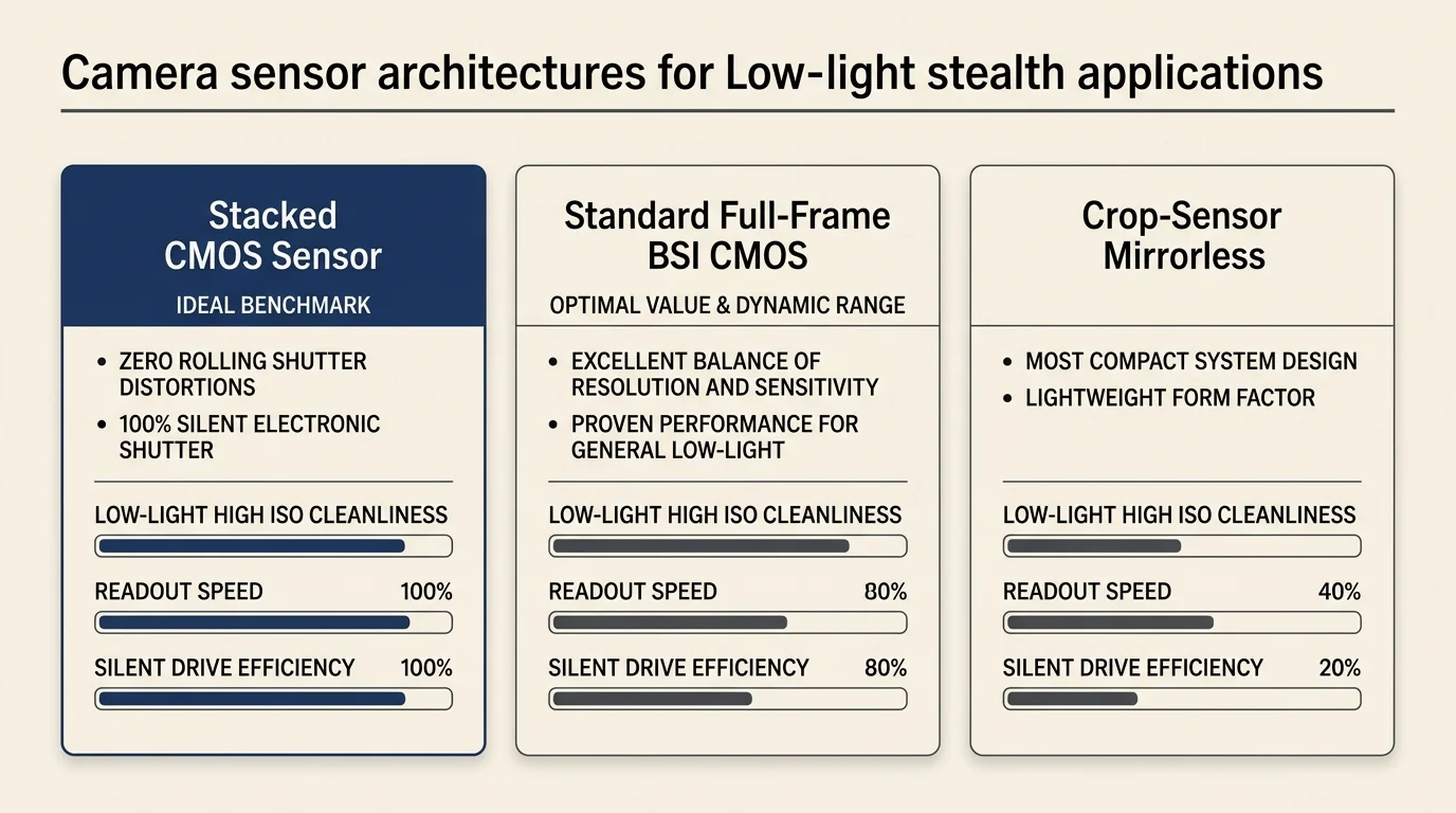 Diagram comparing stacked CMOS, standard full-frame BSI CMOS, and crop-sensor mirrorless performance bars.