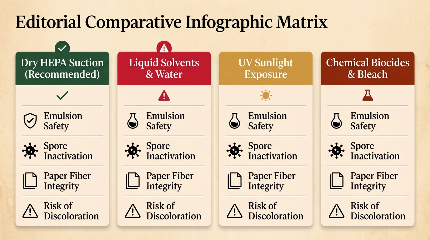 Four-column matrix comparing remediation methods across emulsion safety, spore inactivation, and paper fiber integrity.