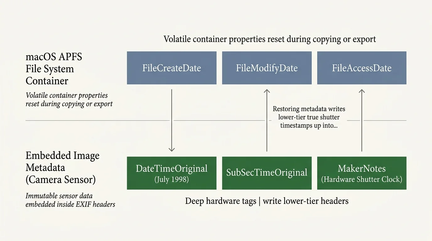 Diagram contrasting macOS APFS container dates with embedded image metadata blocks like DateTimeOriginal and MakerNotes.