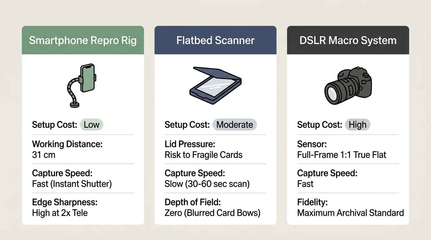 Comparison chart listing features of a Smartphone Repro Rig, Flatbed Scanner, and DSLR Macro System side-by-side.