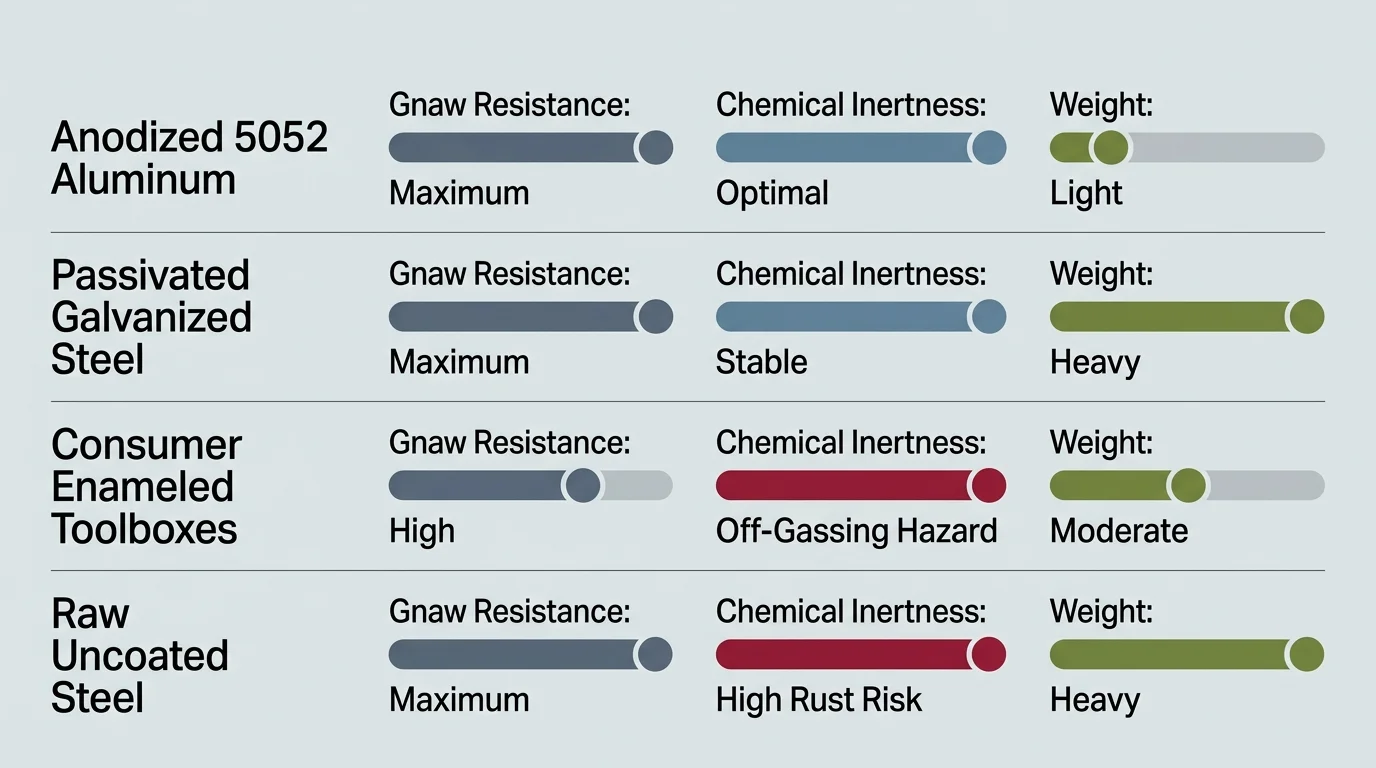 Comparison chart rating four metals across gnaw resistance, chemical inertness, and weight with slider bars.