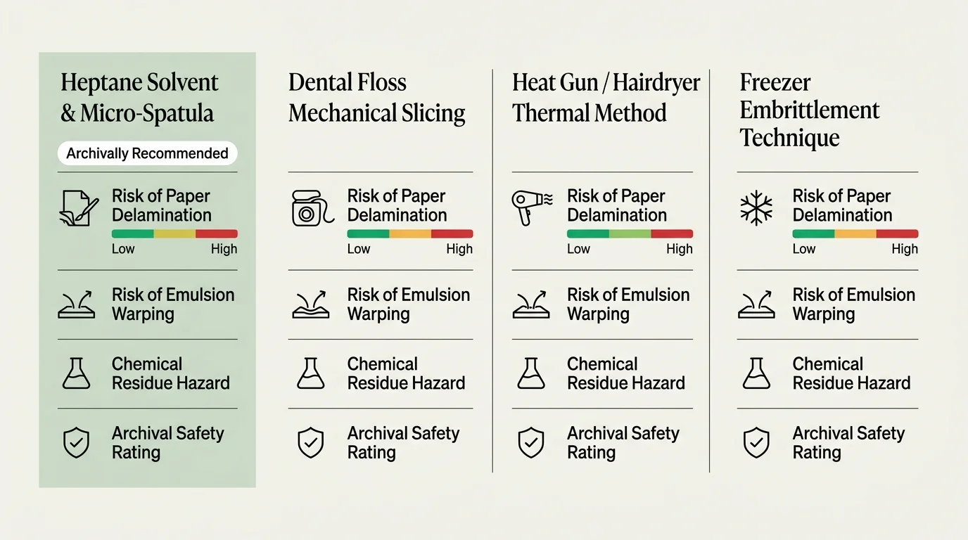 Comparison chart evaluating heptane solvent, dental floss, heat gun, and freezer methods across paper delamination risks.
