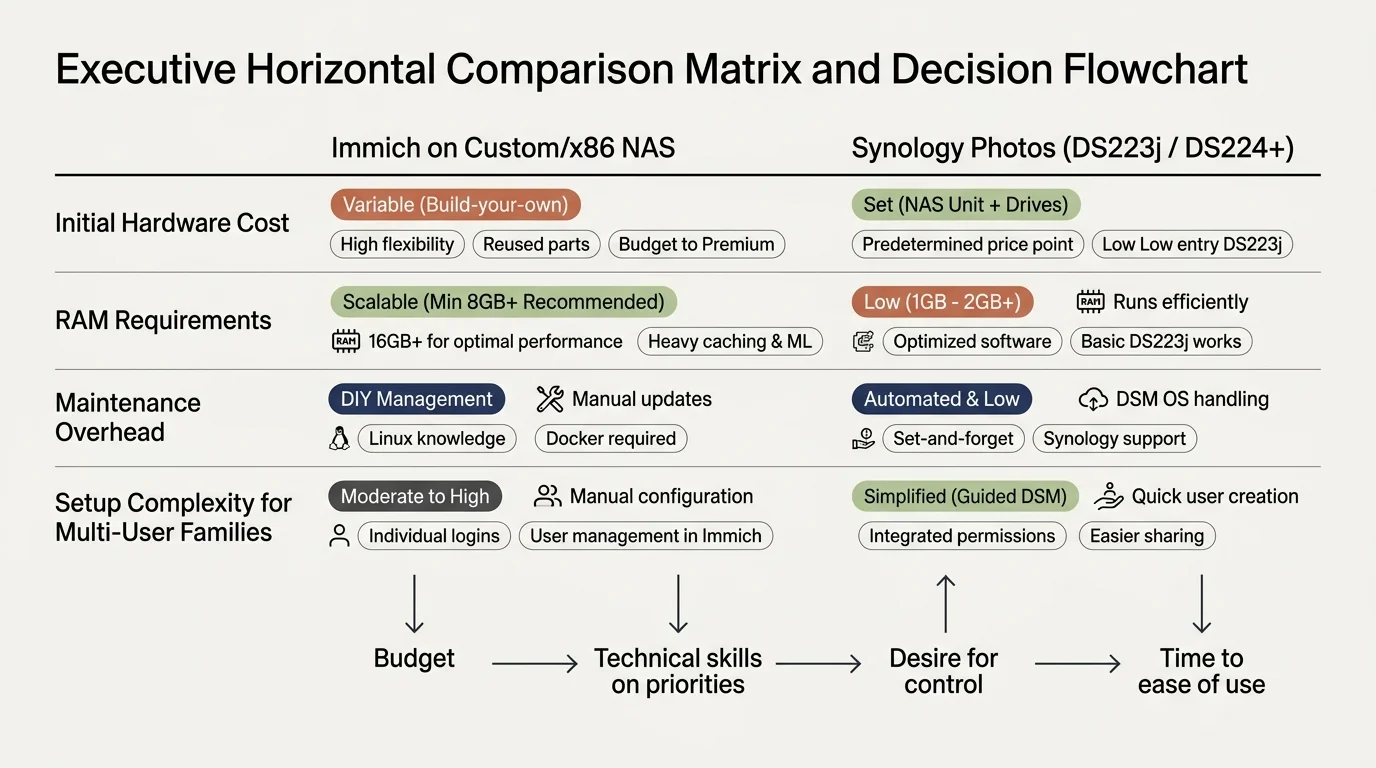 Horizontal comparison matrix and flowchart contrasting Immich on custom NAS versus Synology Photos on DS223j and DS224+.