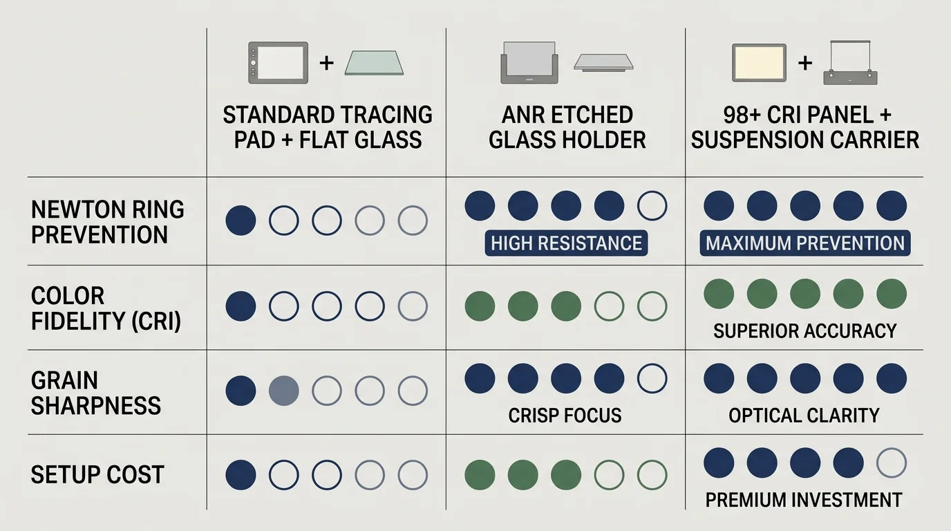 Comparison chart rating three scanning setups across Newton ring prevention, color fidelity, grain sharpness, and setup cost.