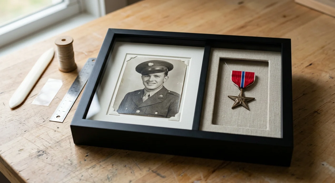 Framed shadow box on a wooden desk holding a black-and-white military portrait beside a Bronze Star medal.