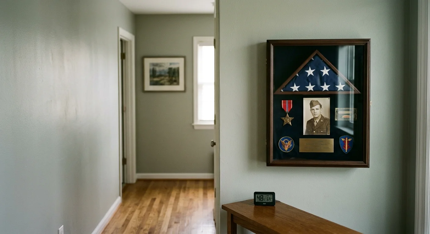 Military shadow box mounted on an interior wall above a wooden table holding a digital hygrometer.