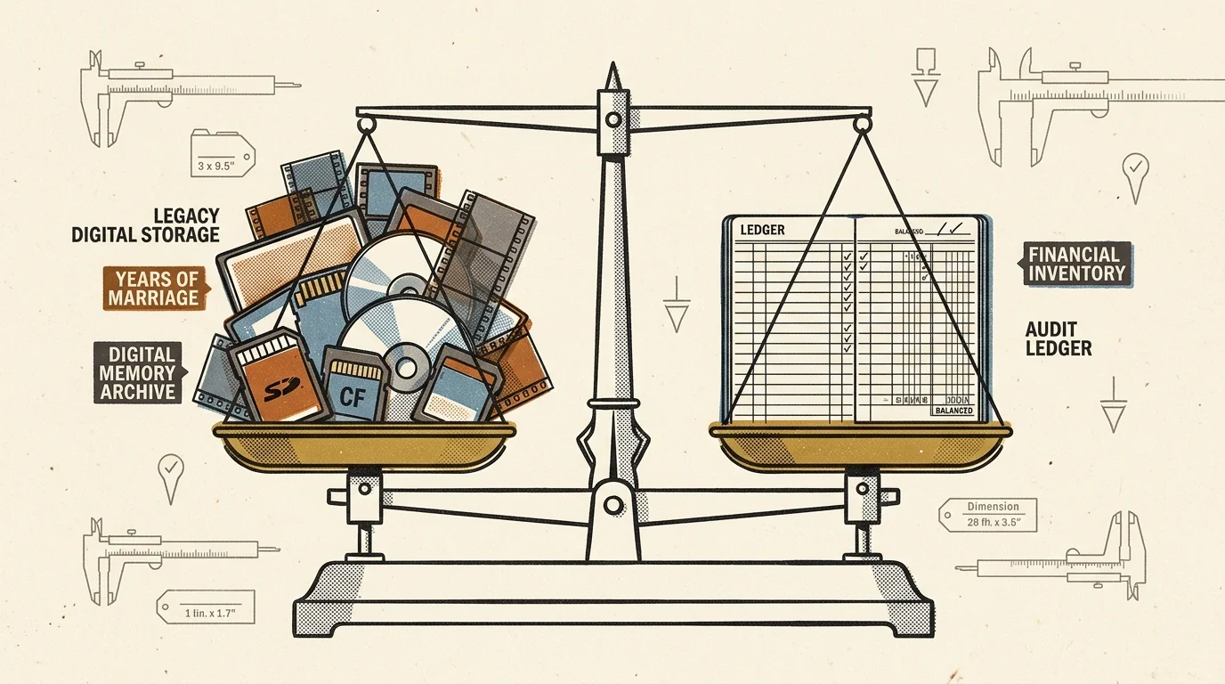 Illustration of a balance scale weighing storage media like SD cards, CDs, and film strips against an audit ledger.