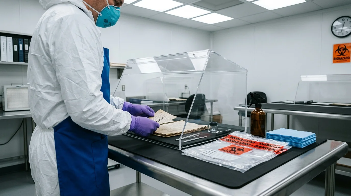Person in a protective suit, mask, and gloves examines vintage papers beneath an acrylic shield in a laboratory.
