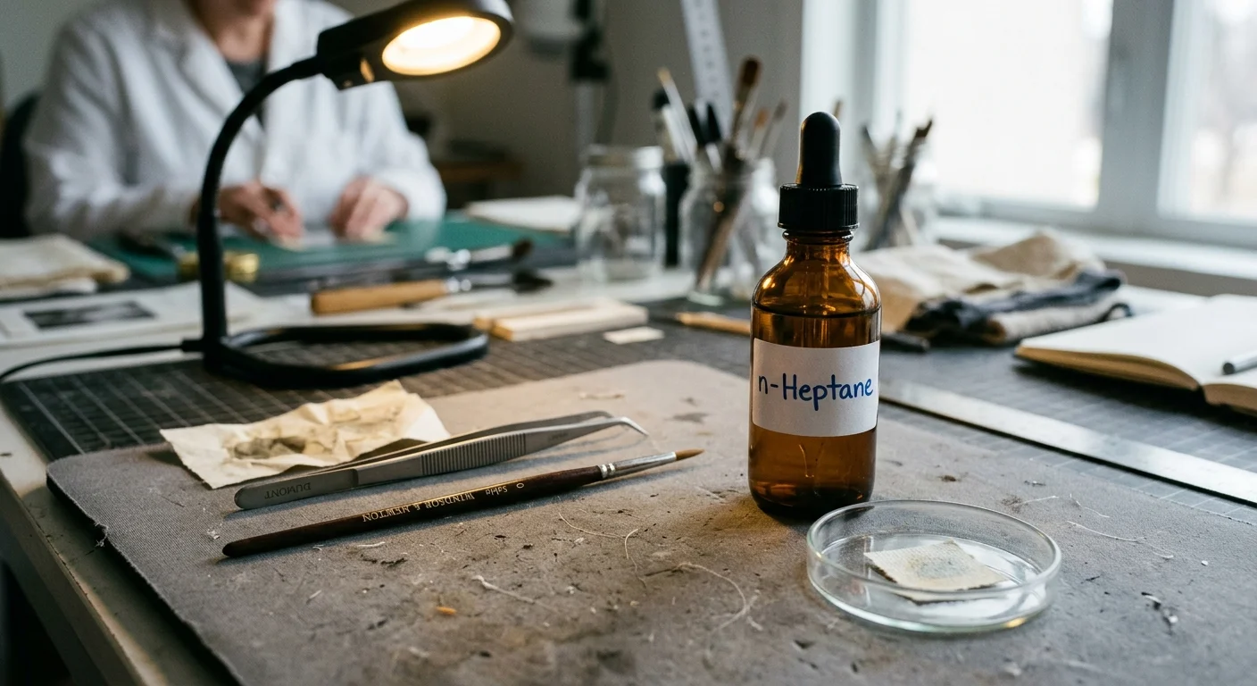 Amber dropper bottle labeled n-Heptane beside tweezers, a paintbrush, and a petri dish on a conservation workbench.