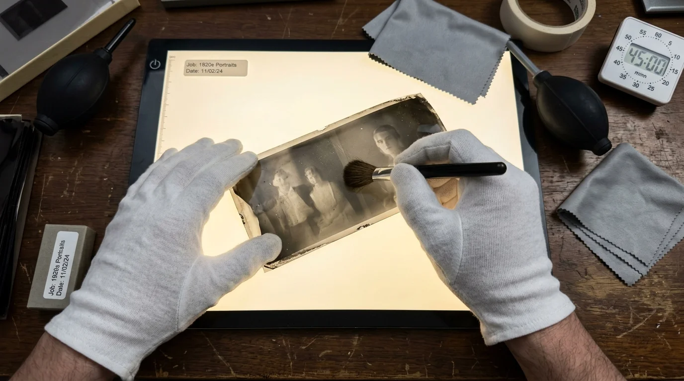 Gloved hands use a soft brush to clean a vintage photographic negative placed on an illuminated light pad.