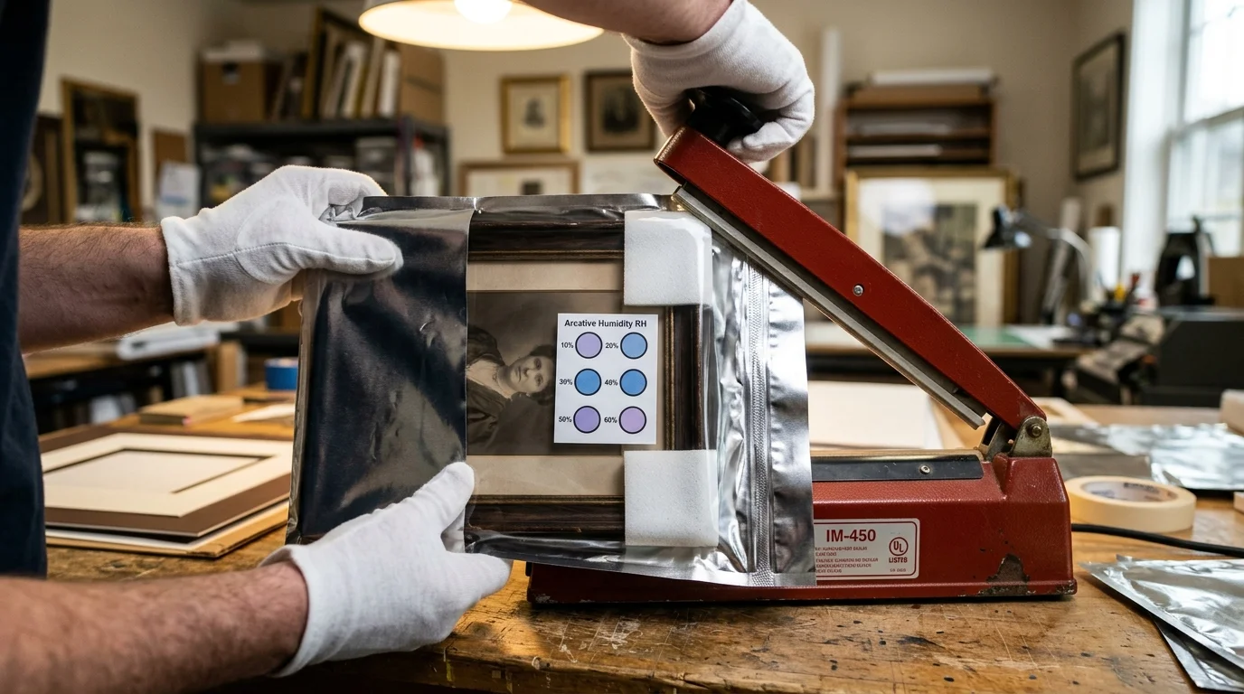 Gloved hands using a heat sealer on a framed portrait enclosed in a foil barrier pouch with a humidity indicator card.