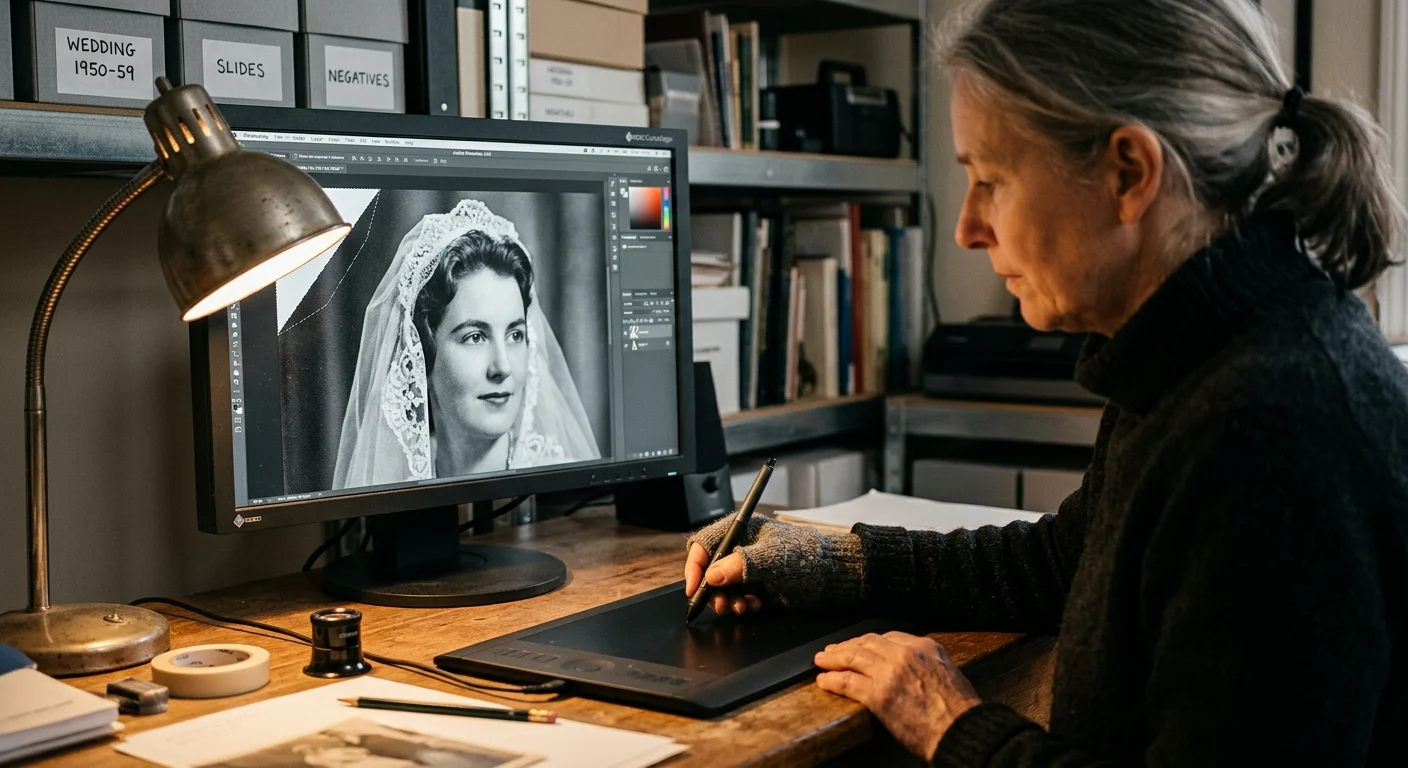 A woman uses a digital drawing tablet and stylus to edit a vintage bridal portrait shown on a computer monitor.