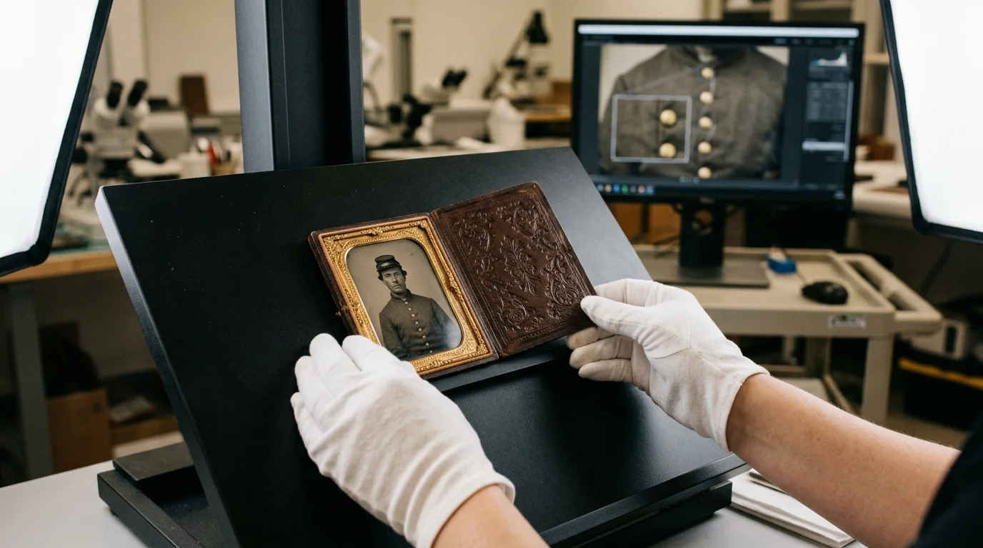 Gloved hands hold an open Union case portrait of a soldier on an angled copy stand under studio lights before a computer screen.