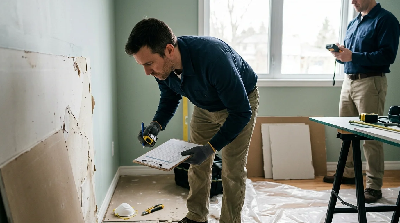 Man in work gloves writing on a clipboard while inspecting damaged drywall in a renovated room near another worker.