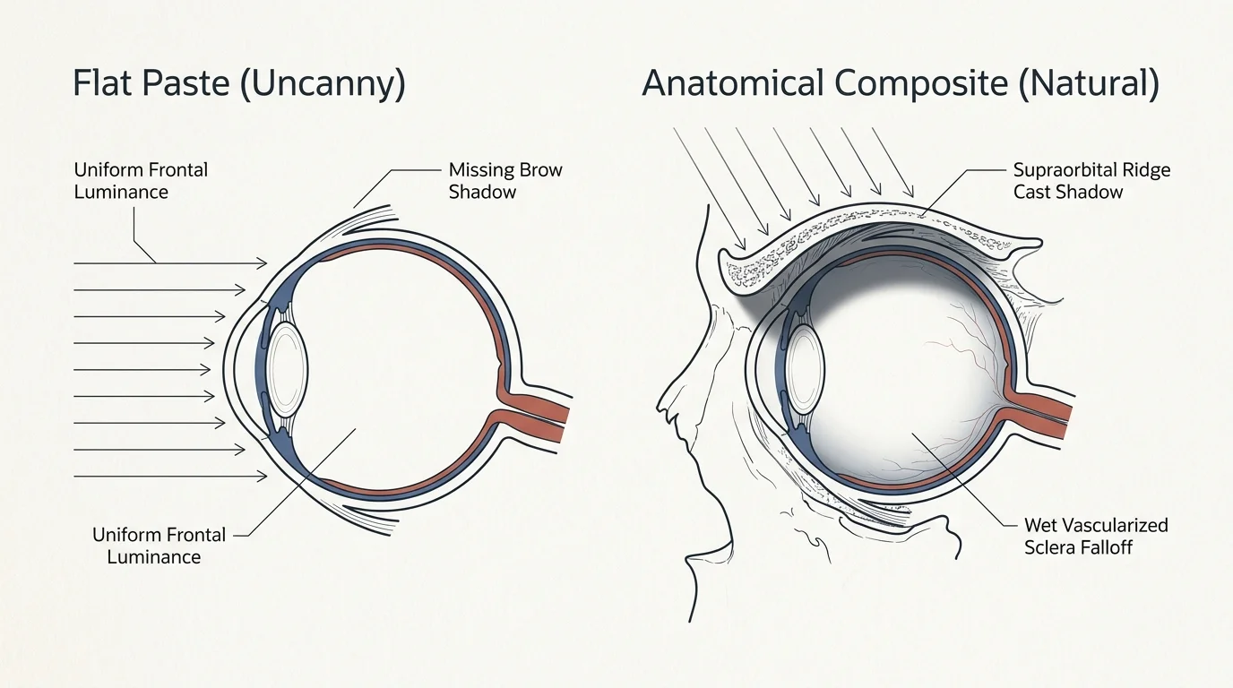 Diagram comparing flat frontal eye lighting with an anatomical composite featuring supraorbital ridge shadows.