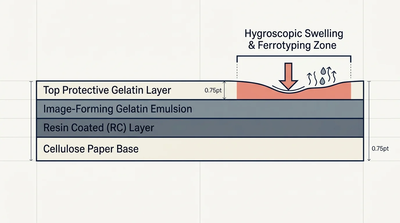 Cross-section diagram of photo print layers showing downward pressure applied to a swollen gelatin ferrotyping zone.