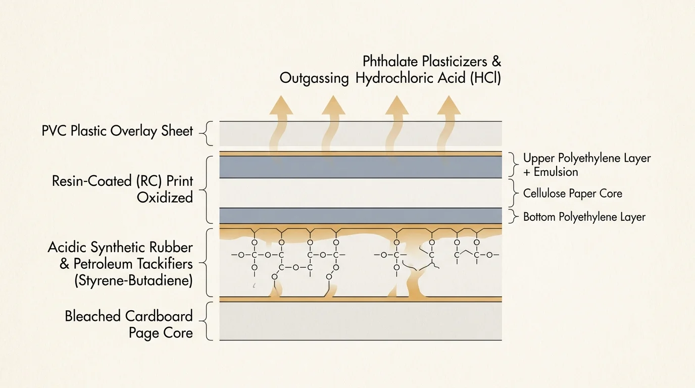 Cross-section diagram of photo album layers showing outgassing PVC film, resin-coated print, and acidic synthetic rubber.