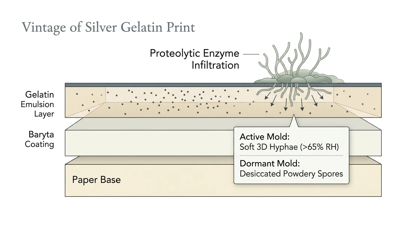 Diagram of a silver gelatin print cross-section showing paper base, baryta coating, gelatin emulsion, and mold hyphae growth.