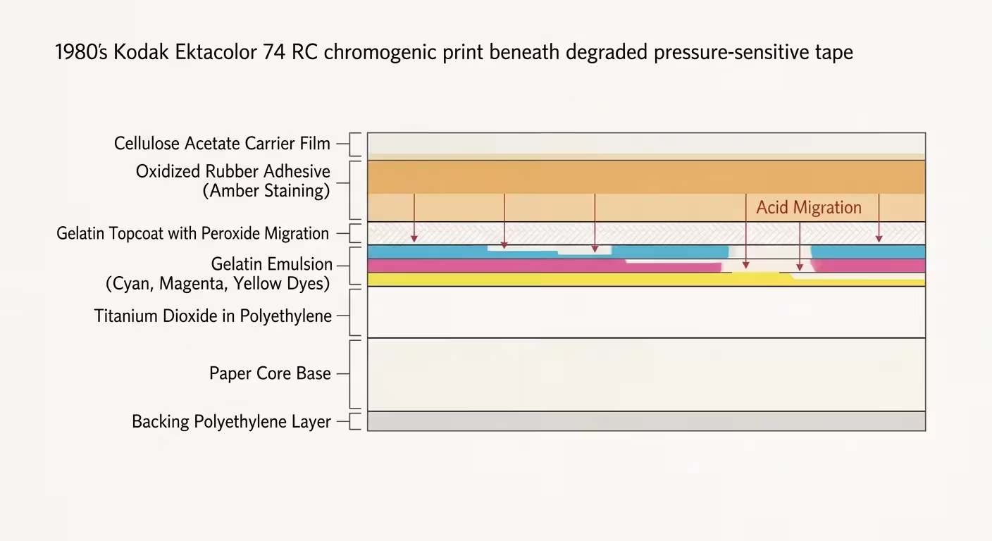 Cross-section diagram of tape layers and acid migration penetrating the emulsion layers of a Kodak Ektacolor 74 RC print.