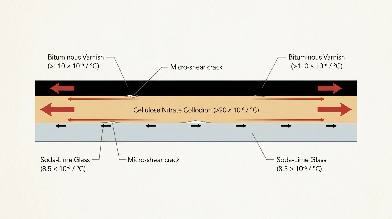 Diagram showing layers of bituminous varnish, cellulose nitrate collodion, and soda-lime glass with expansion arrows.