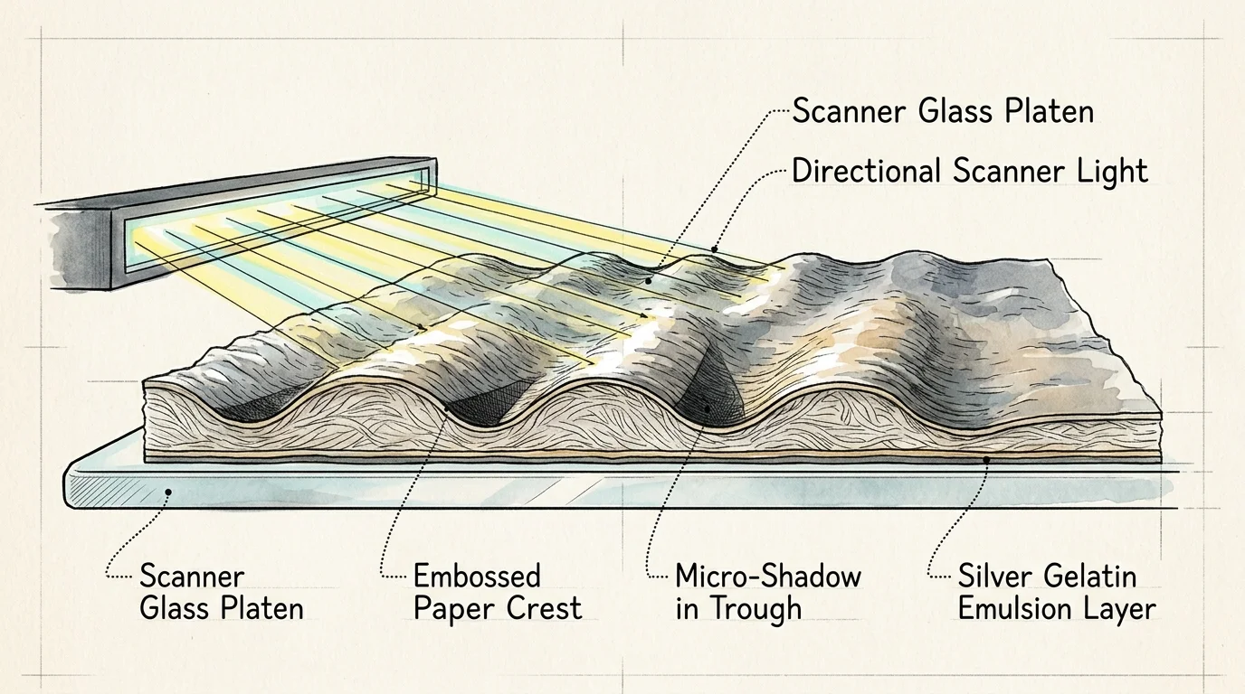 Diagram of scanner light hitting textured photo paper on glass, labeling crests, micro-shadows, and emulsion layers.