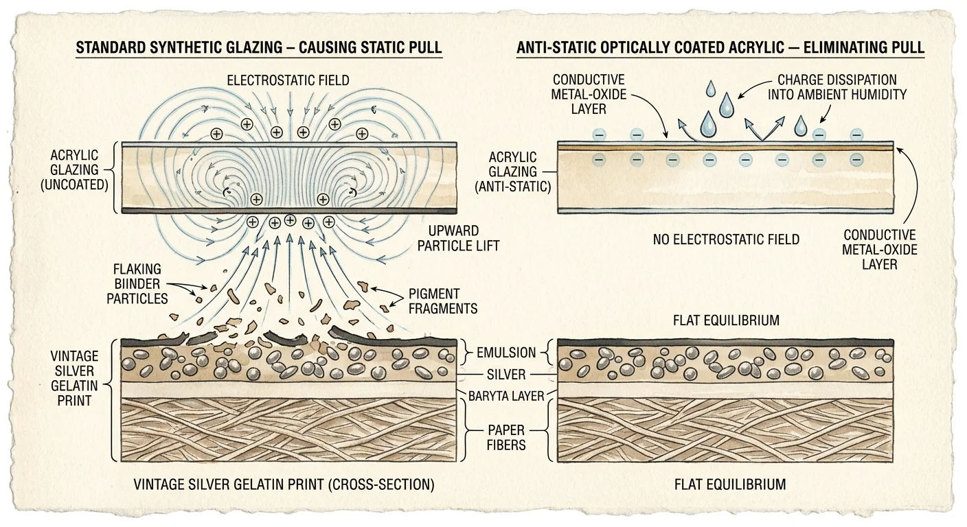 Diagram comparing standard synthetic glazing pulling particles from a print against anti-static acrylic maintaining flat equilibrium.
