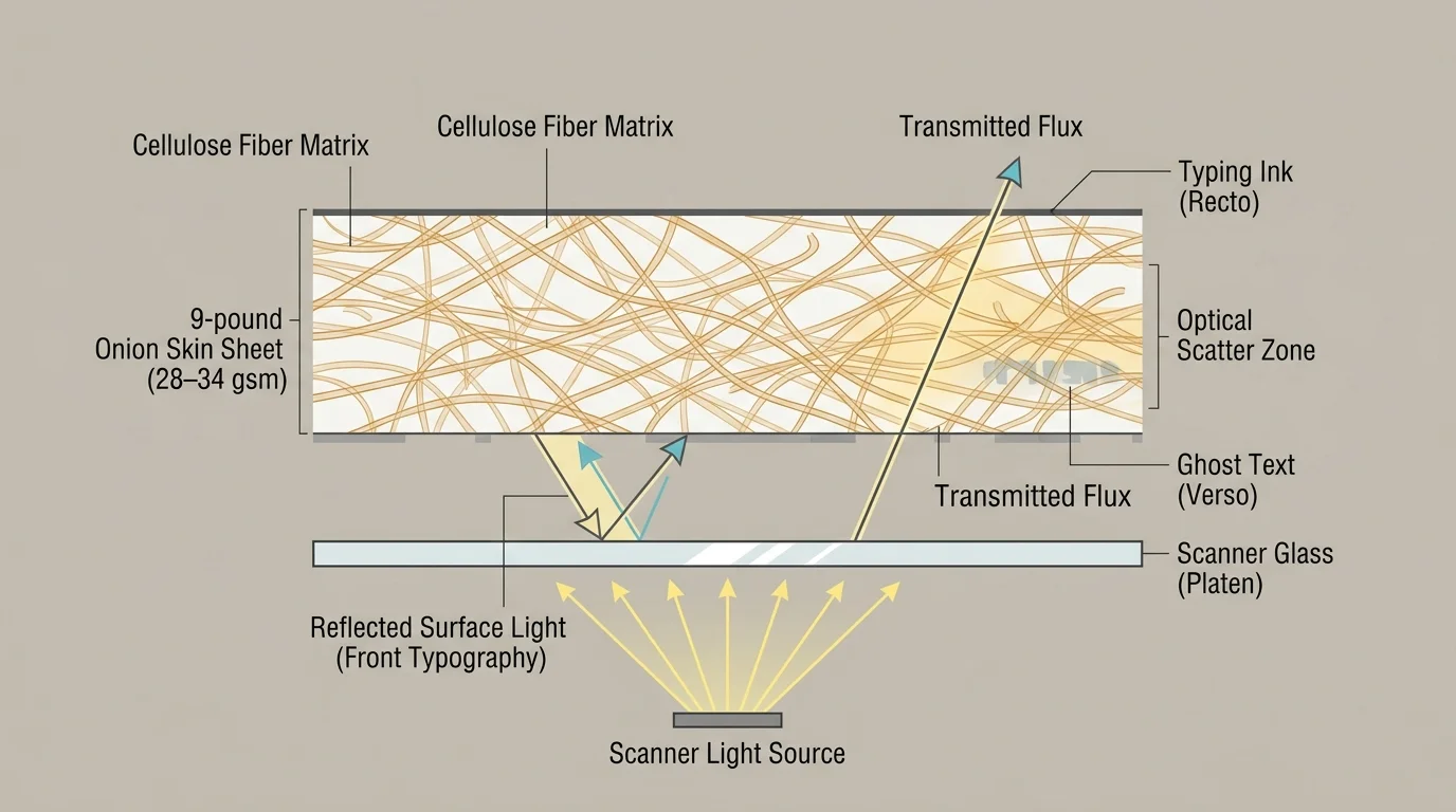 Diagram showing scanner light transmitting and scattering through an onion skin paper sheet on scanner platen glass.