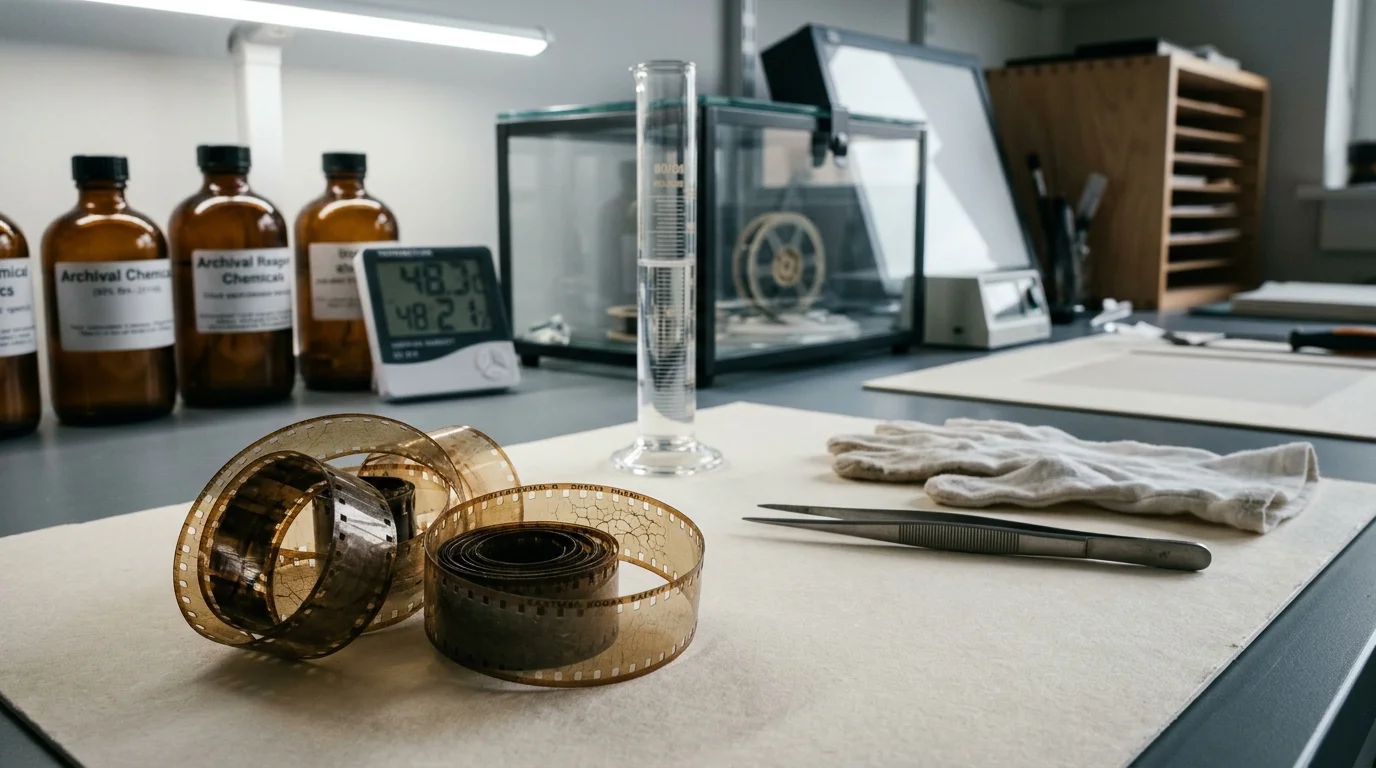 Coiled vintage film strips on a laboratory workbench beside tweezers, gloves, chemical bottles, and a graduated cylinder.