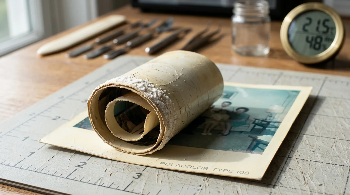 A tightly curled Polacolor Type 108 print on a grid cutting mat next to conservation tools and a hygrometer.