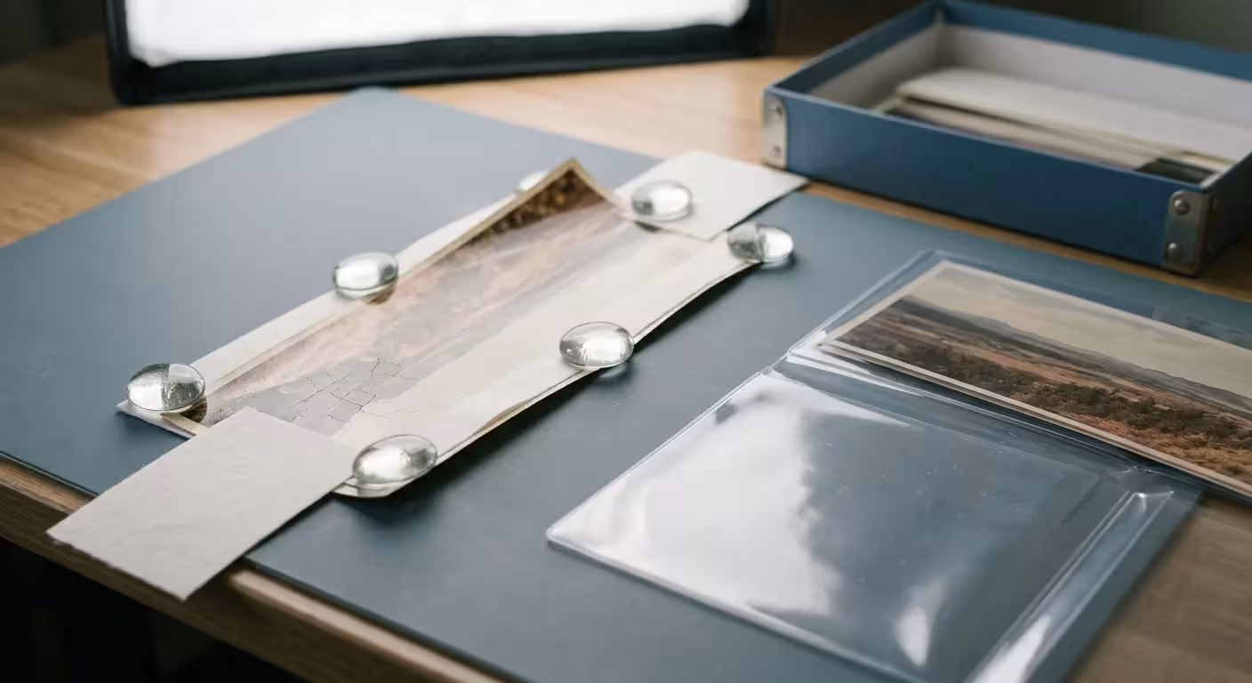 Curled panoramic photo held flat with glass weights alongside plastic archival sleeves and a storage box.