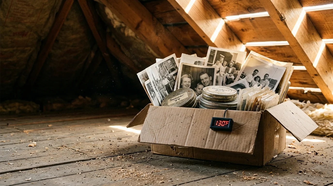 Cardboard box of vintage photos and film canisters in a dusty attic, marked with a digital thermometer reading 130°F.