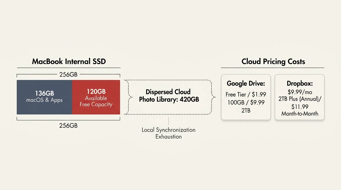 Diagram comparing MacBook internal SSD storage to a 420GB dispersed cloud photo library and cloud pricing costs.