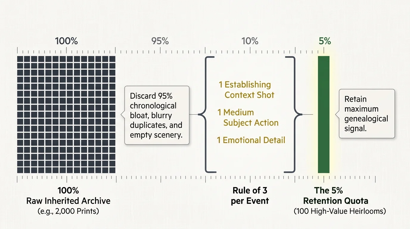Diagram showing a grid of photos reduced to a thin green bar via a 5 percent retention quota and Rule of 3 per Event.