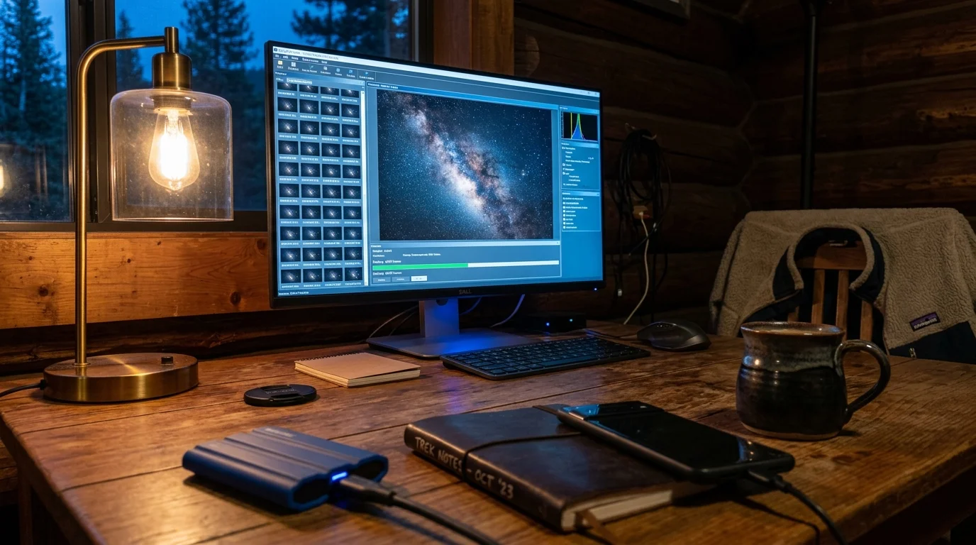 Computer monitor displaying astrophotography stacking software on a wooden cabin desk beside an external drive and phone.