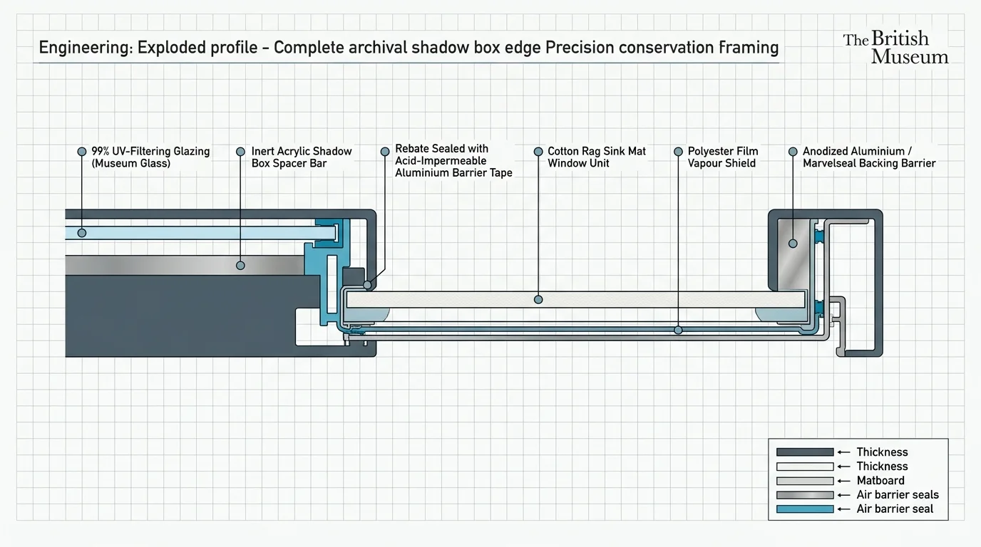 Cross-section diagram of an archival shadow box profile showing framing layers, glazing, spacers, and vapor barrier seals.