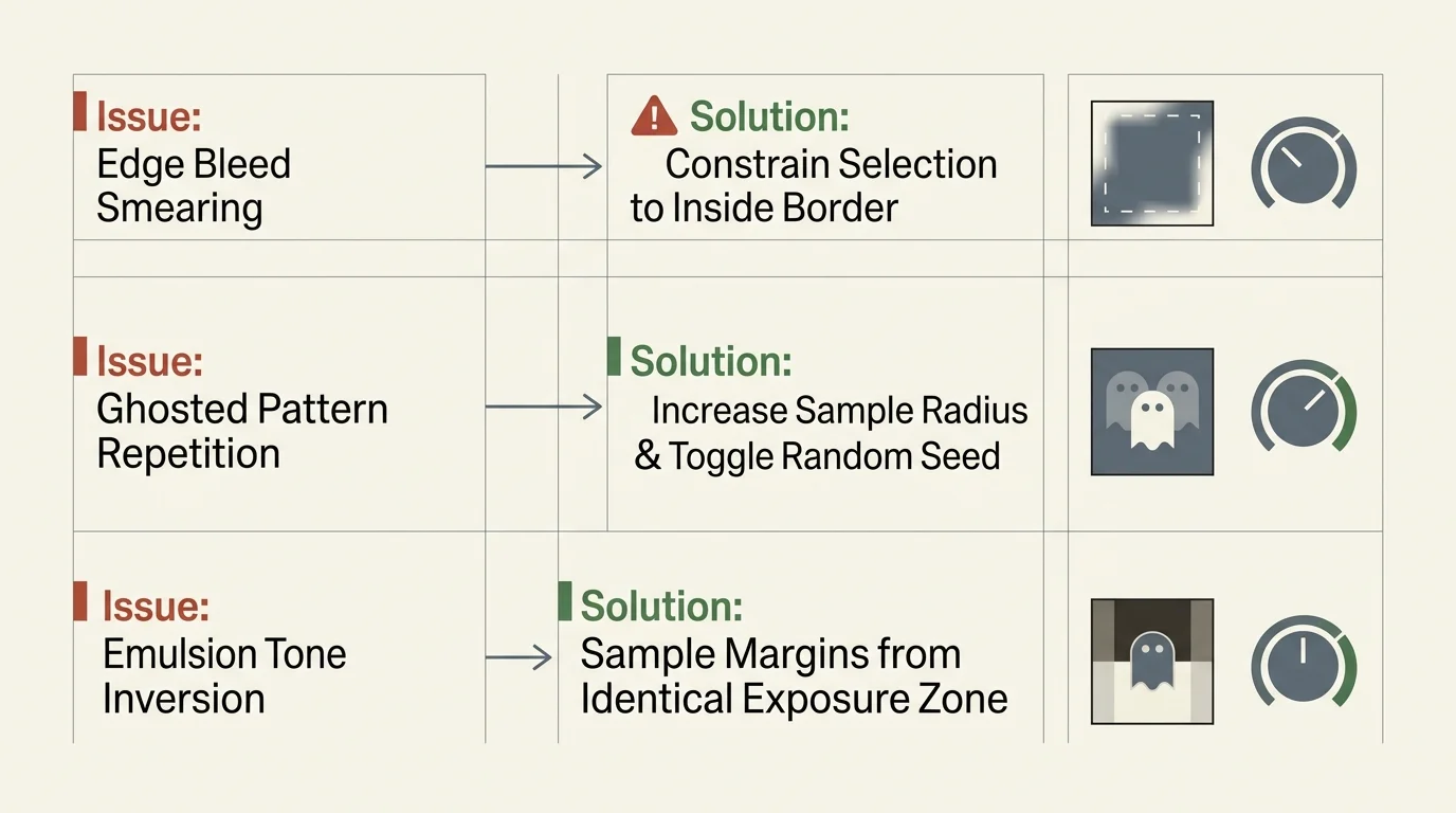Troubleshooting chart pairing three image synthesis issues with solutions, diagram icons, and adjustment dial graphics.