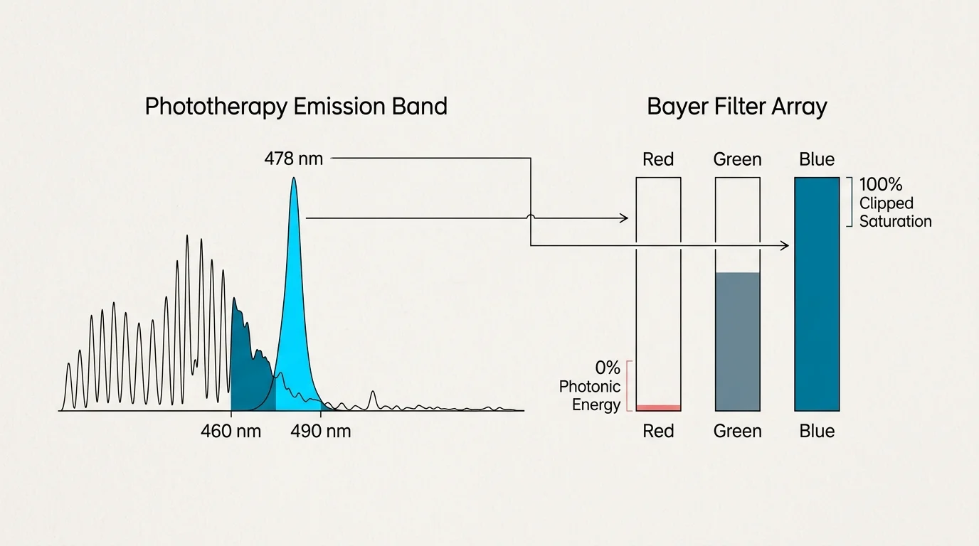 Diagram showing a phototherapy emission spectrum peaking at 478 nm and Bayer filter bars with red, green, and blue saturation.