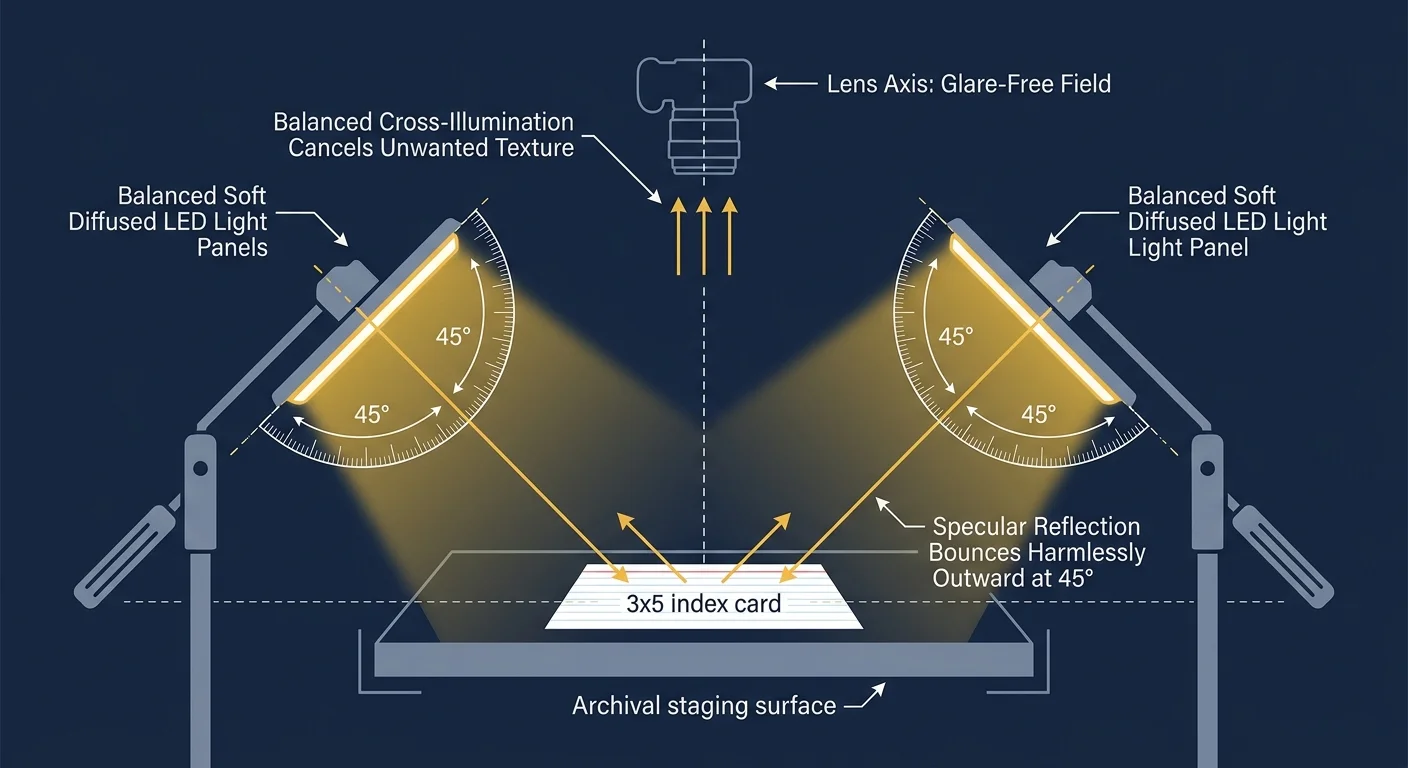 Diagram of a camera overhead with two LED panels angled at 45 degrees illuminating an index card.