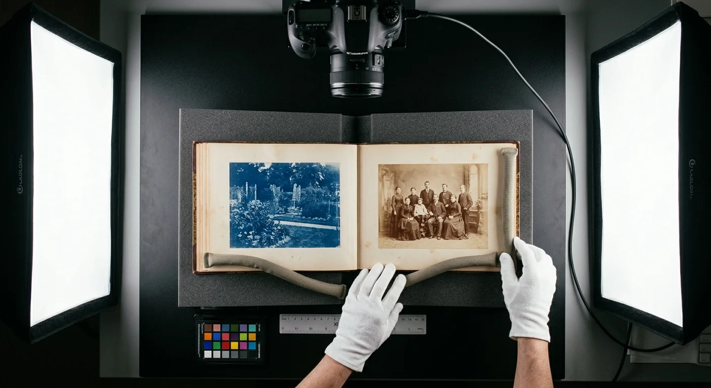 Overhead view of an open photo album with a cyanotype under a copy stand camera, held by gloved hands beside softbox lights.