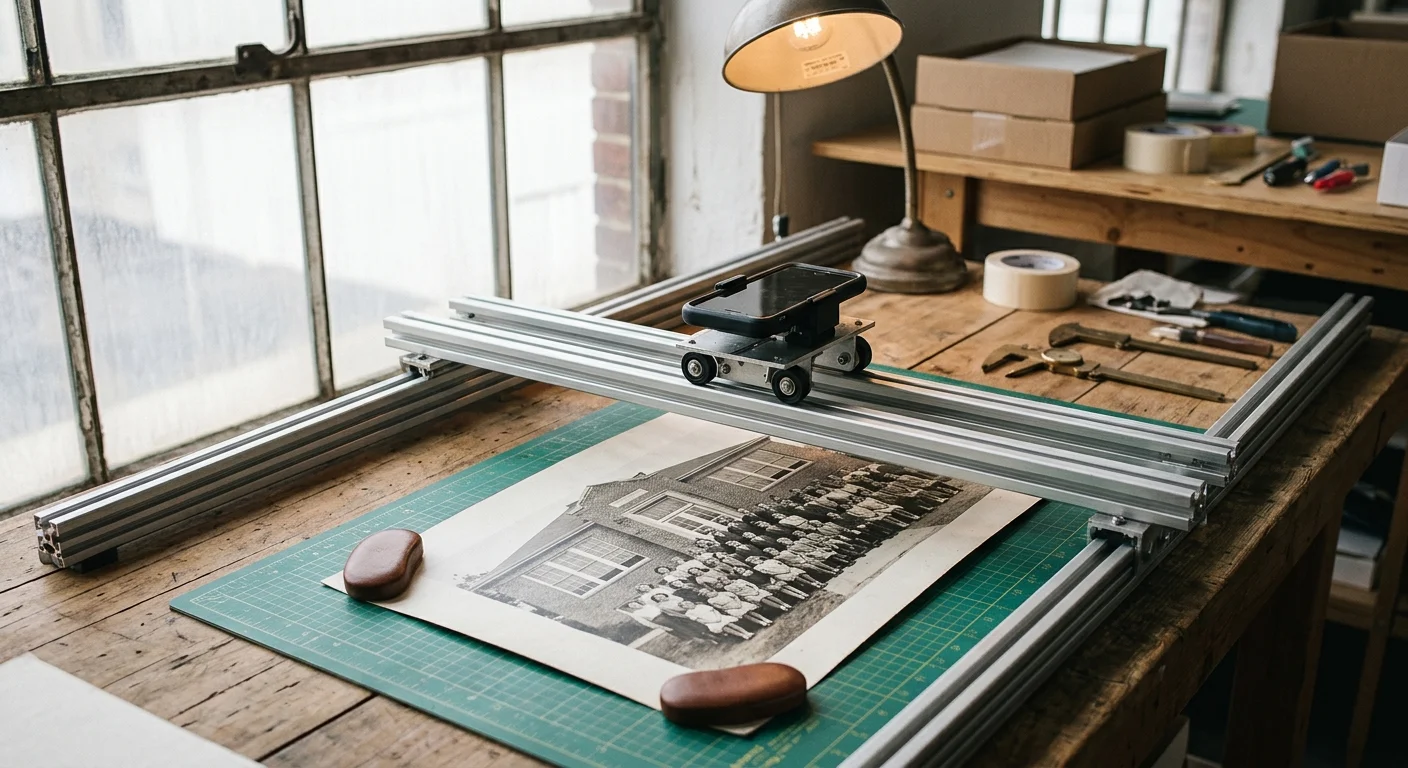 Smartphone mounted on a wheeled carriage rolling across aluminum rails above an old photograph on a cutting mat.