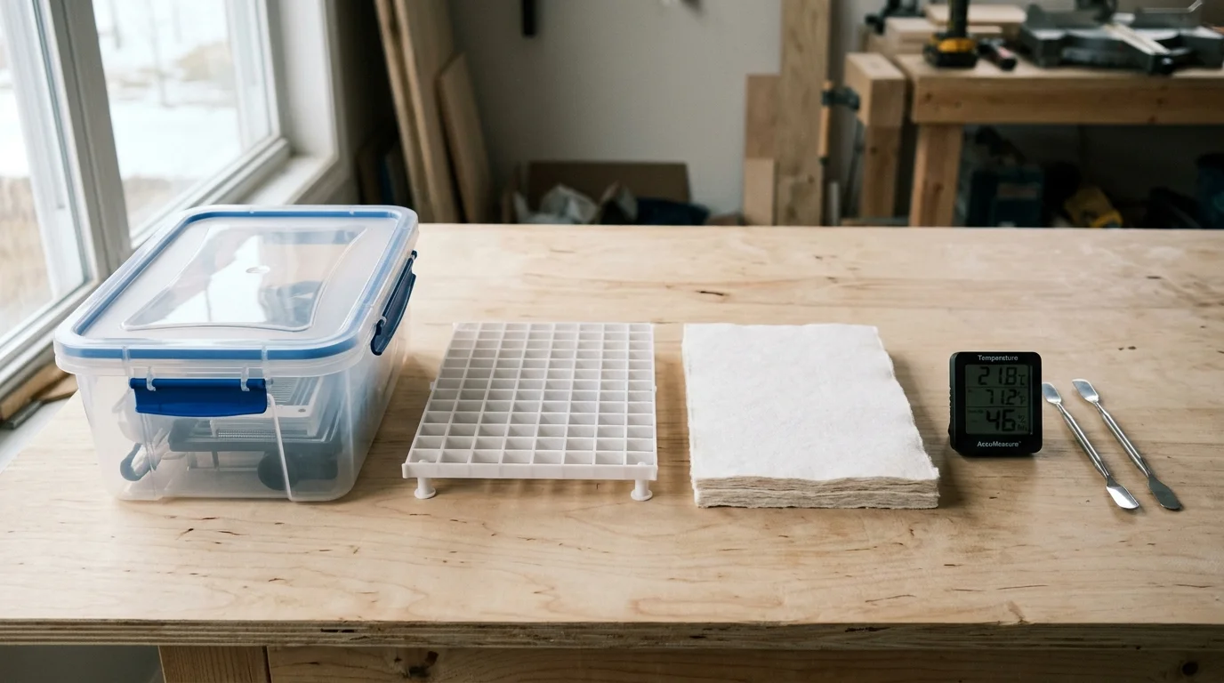 Clear plastic storage tub, white plastic egg crate grid, absorbent paper stack, digital hygrometer, and metal spatulas.