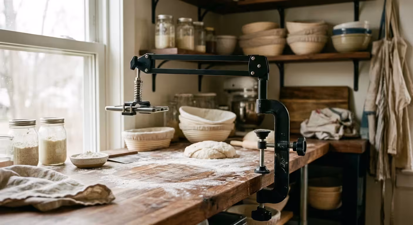 A black boom arm clamped to a flour-dusted wooden counter holds a smartphone facing downward over bread dough.