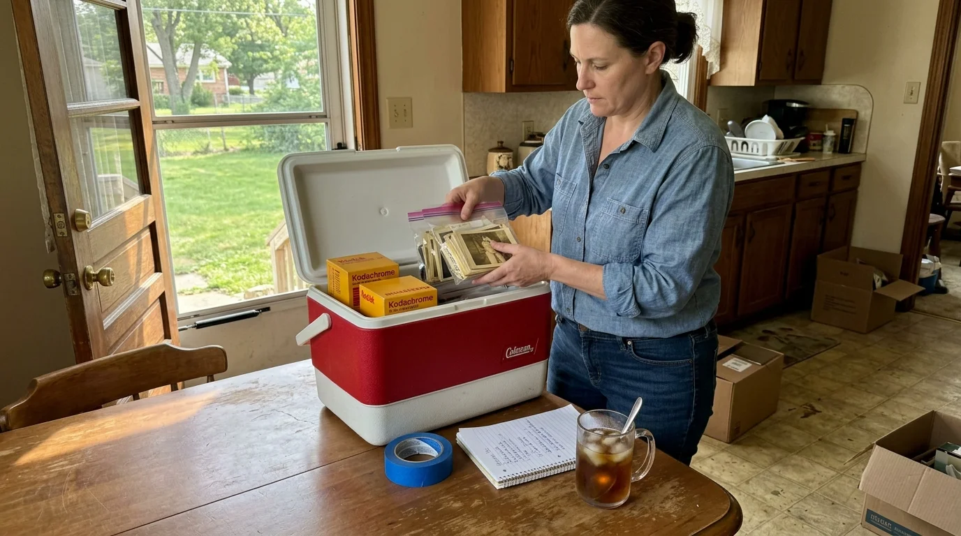 A woman in a kitchen packs bags of vintage photographs and Kodachrome boxes into a red and white Coleman cooler.