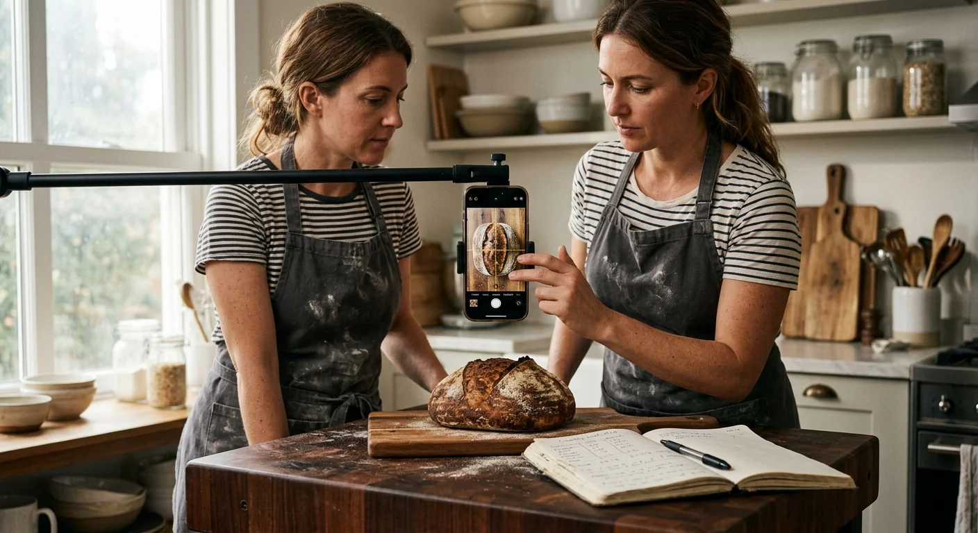 Two women in aprons photograph a sourdough boule on a wooden butcher block using an overhead smartphone mounted on a boom arm.