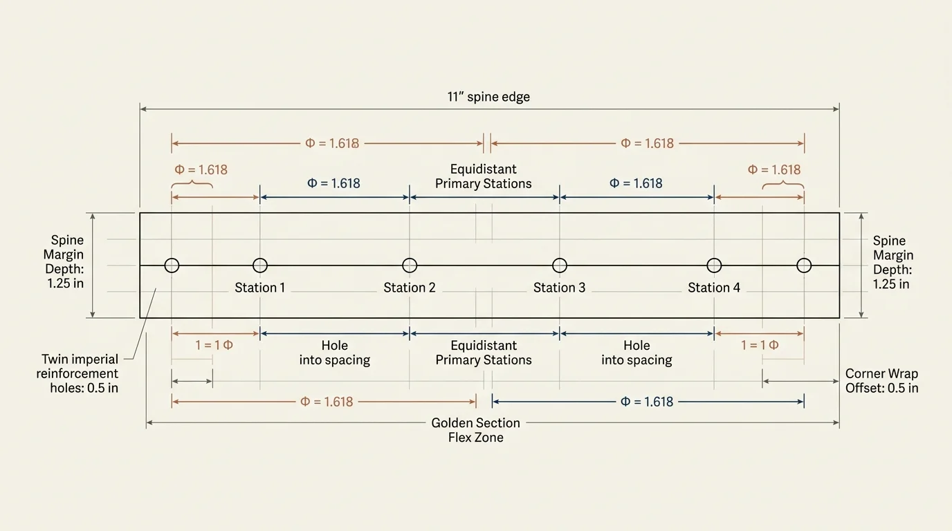 Technical diagram showing hole spacing measurements and six sewing stations along an 11-inch spine margin.