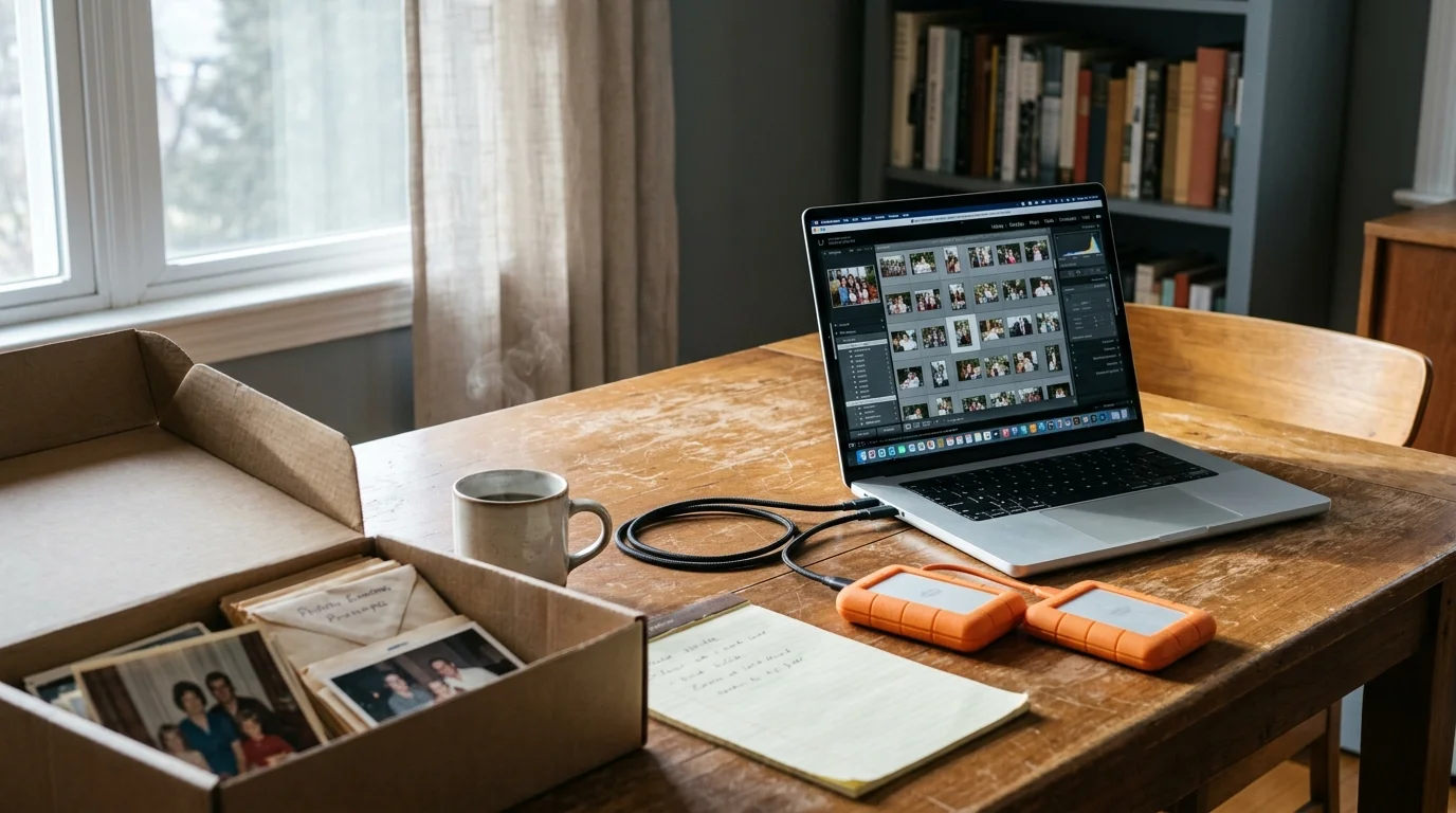 Laptop displaying photo editing software connected to two orange hard drives on a wooden table next to old printed photos.